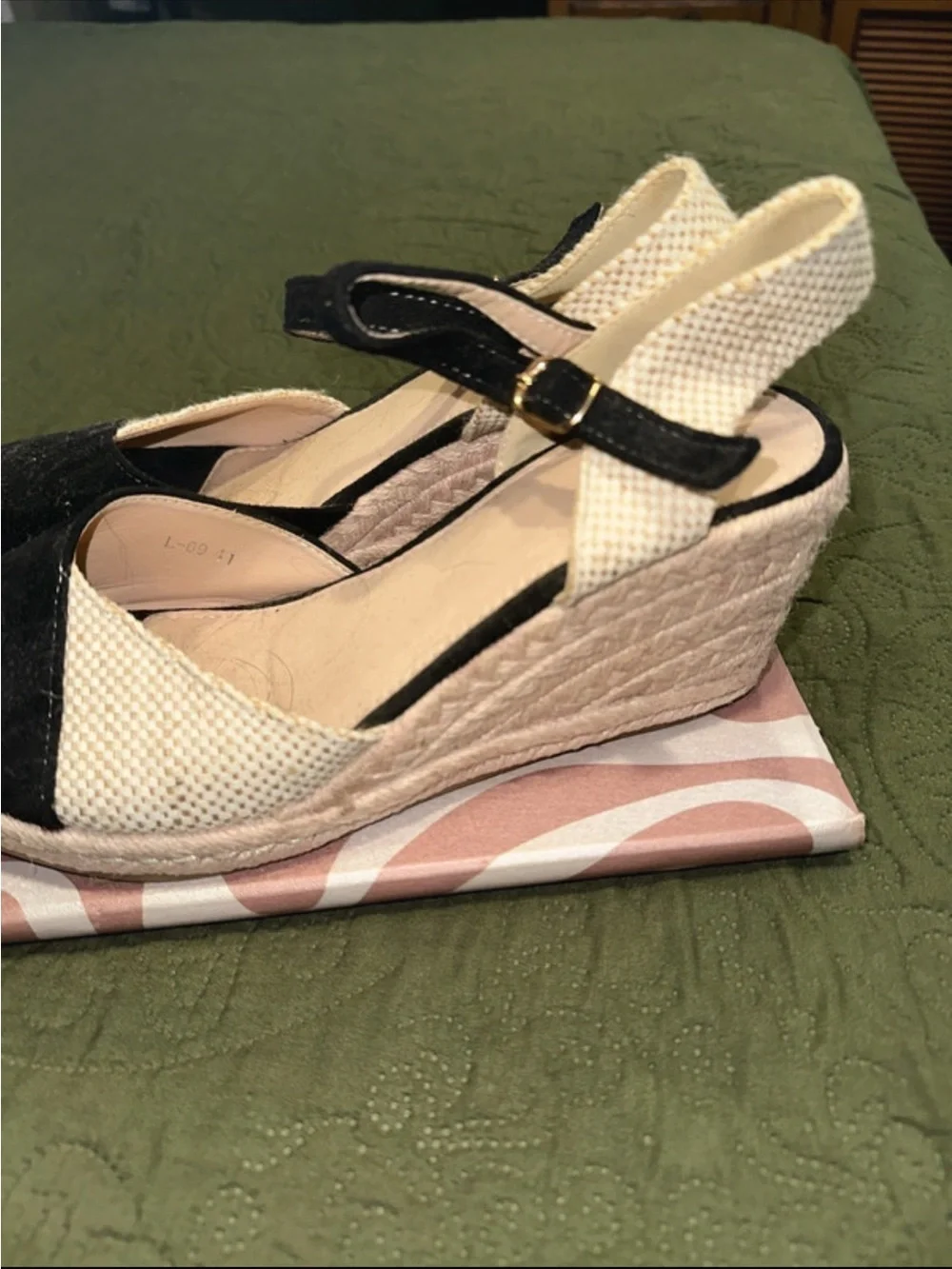 Black and Cream Espadrille Slingback Wedges - Women